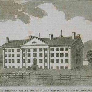 Gravure de "l'asile américain pour les sourds-muets", dans le Connecticut (Etats-Unis), dans les années 1820.