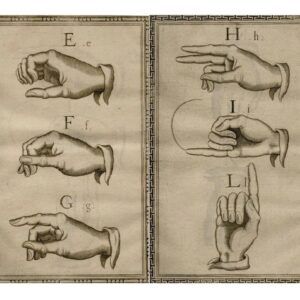 Gravures anciennes indiquant la position des mains pour exprimer des lettres de l'alphabet (ancêtre d'une langue des signes)