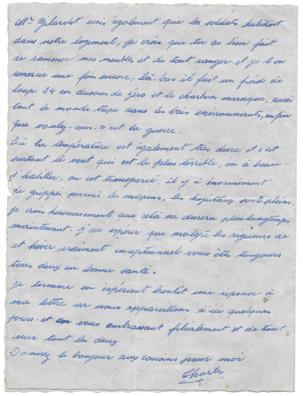 Dernière lettre de Charles K., fils de Victor et père de Bertrand, à ses parents (1940)