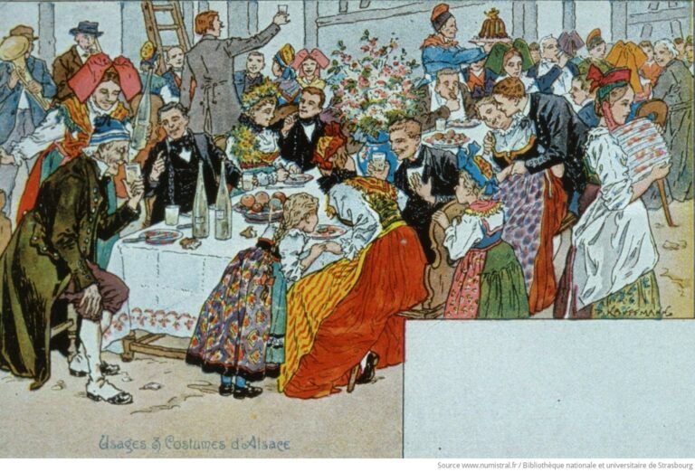 Après la célébration du mariage, les convives alsaciens partagent un repas de noces comme il se doit. Illustration Paul Kauffmann